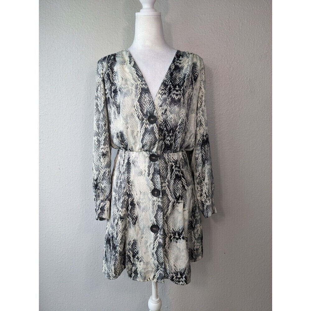 Zara Basic Women Gray Casual Dress XS Snake Print Large Buttons Vneck N35